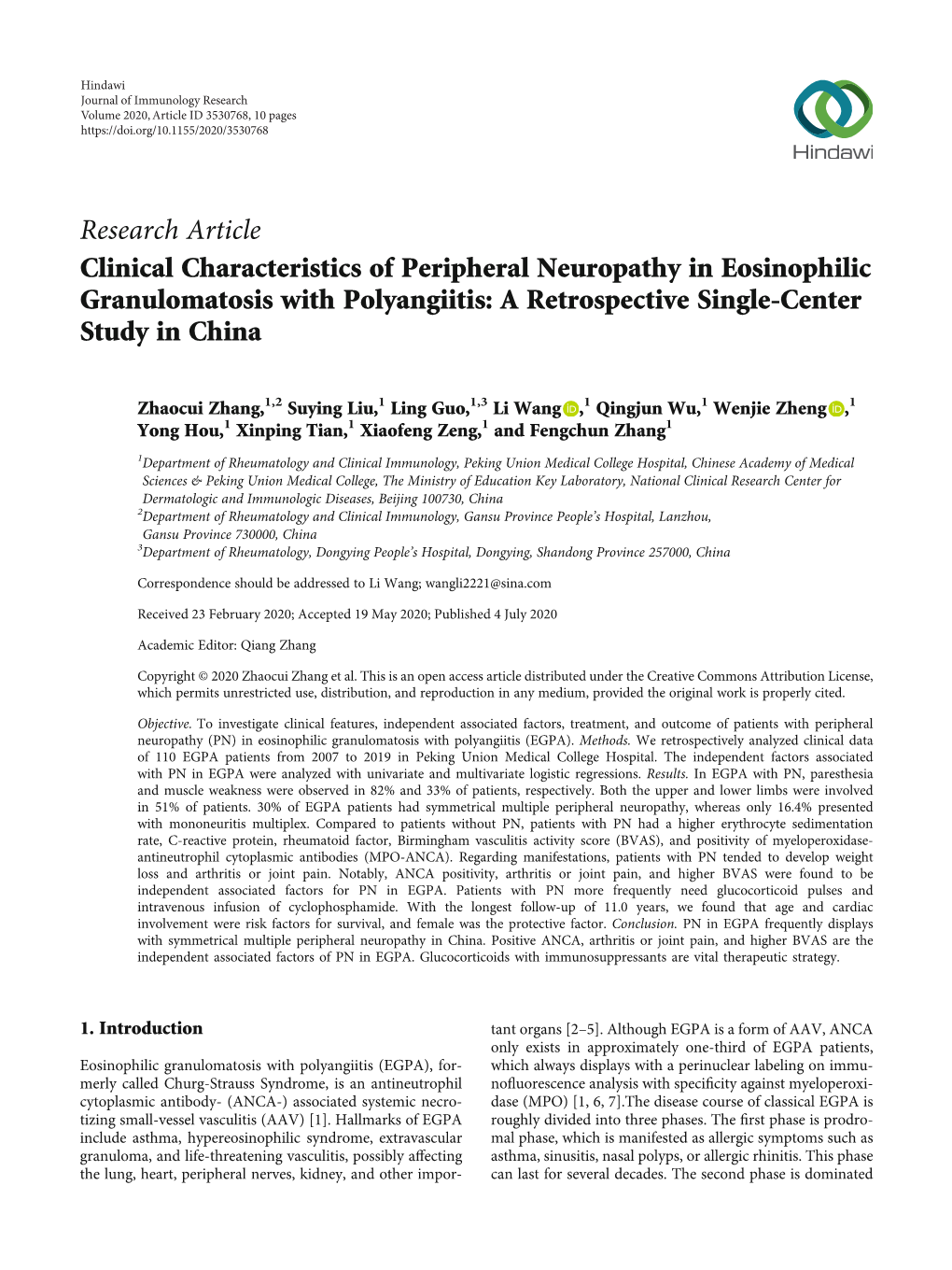 Clinical Characteristics of Peripheral Neuropathy in Eosinophilic Granulomatosis with Polyangiitis: a Retrospective Single-Center Study in China