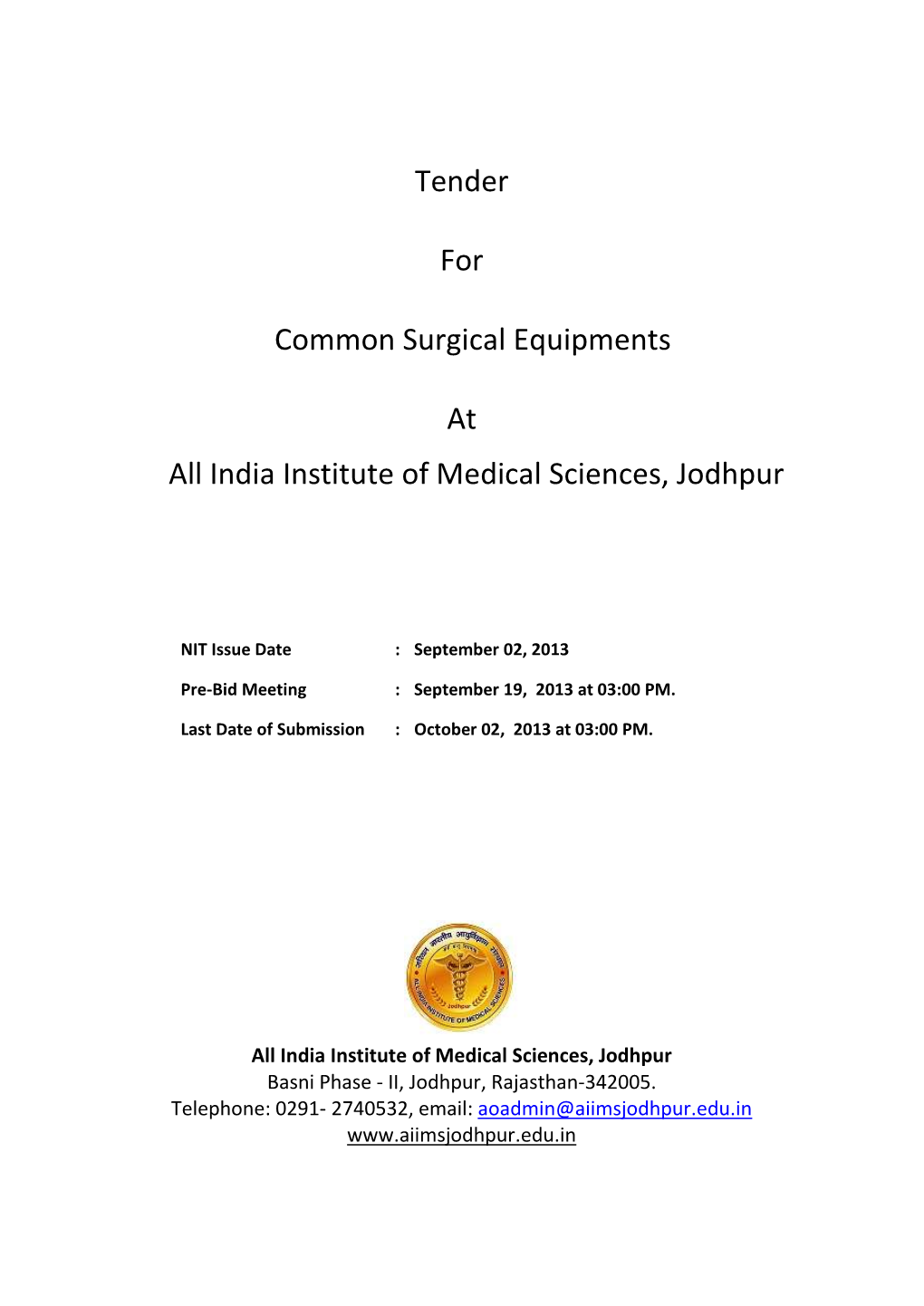 Tender for Common Surgical Equipments at All India Institute Of