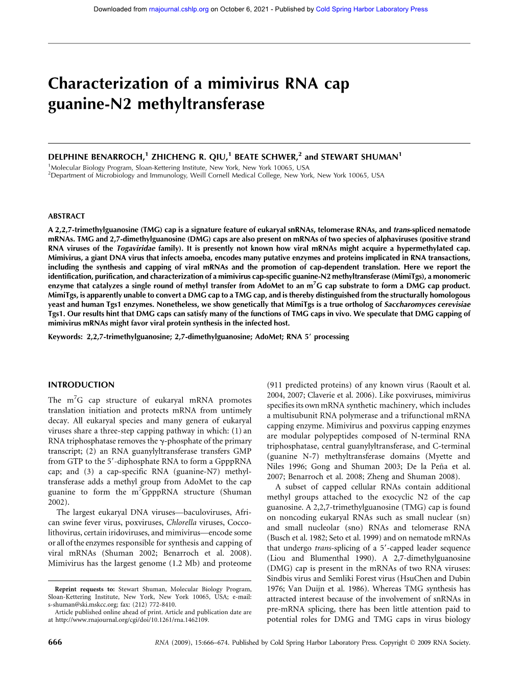 Characterization of a Mimivirus RNA Cap Guanine-N2 Methyltransferase