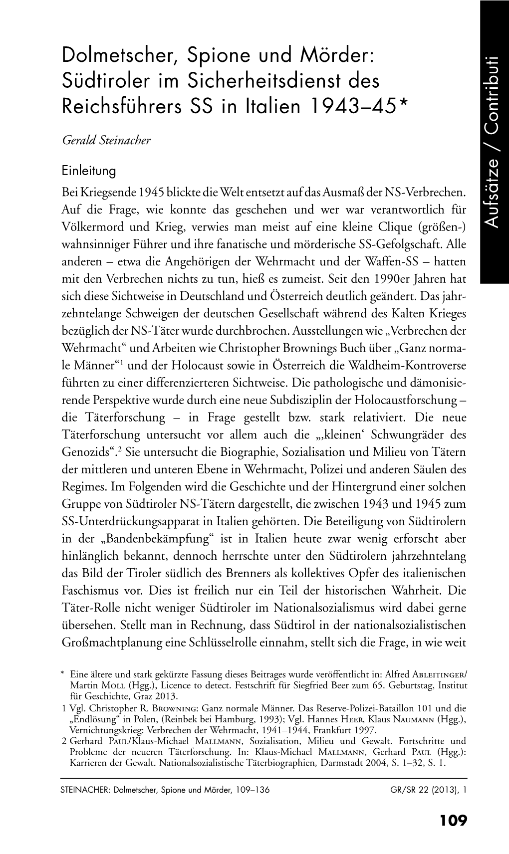 Dolmetscher, Spione Und Mörder: Südtiroler Im Sicherheitsdienst Des Reichsführers SS in Italien 1943–45* Ontributi