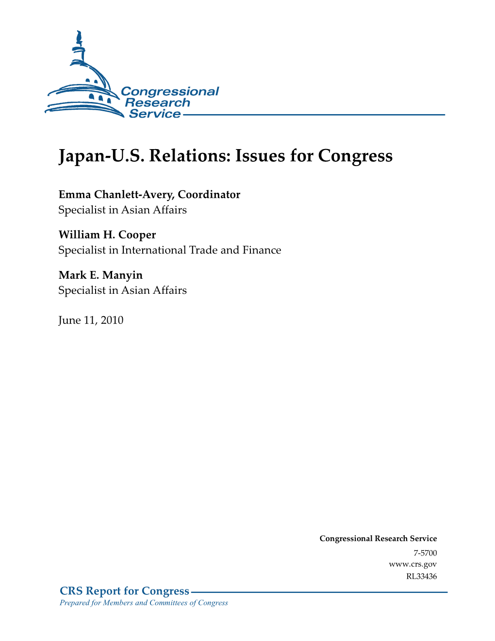 Japan-US Relations: Issues for Congress