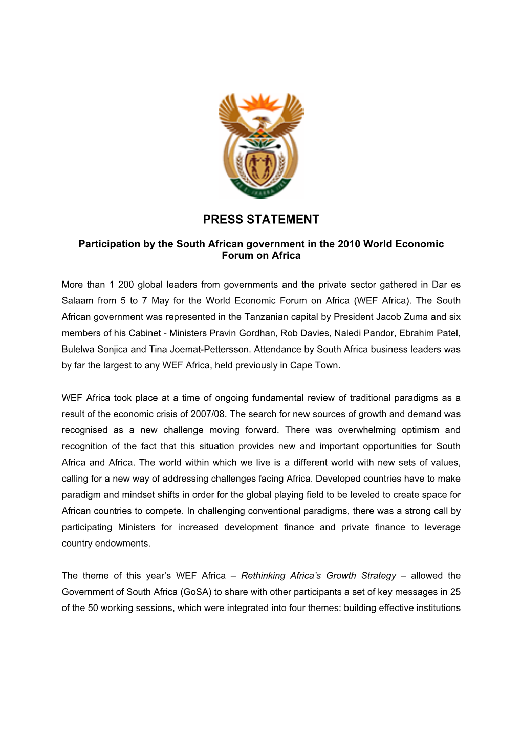 South African Government Statement on Participation in the World