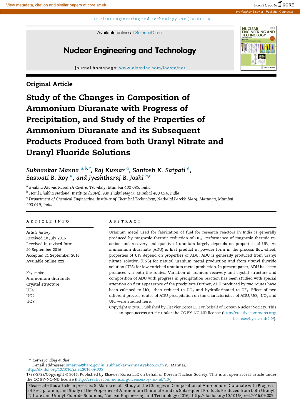 Study of the Changes in Composition of Ammonium Diuranate With