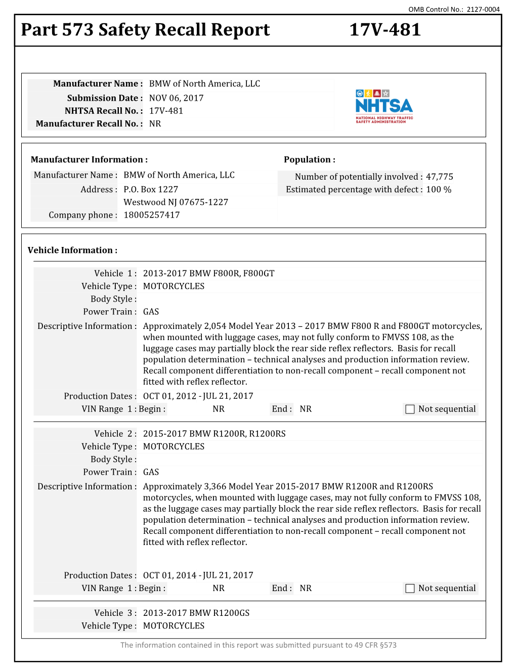 Part 573 Safety Recall Report 17V-481