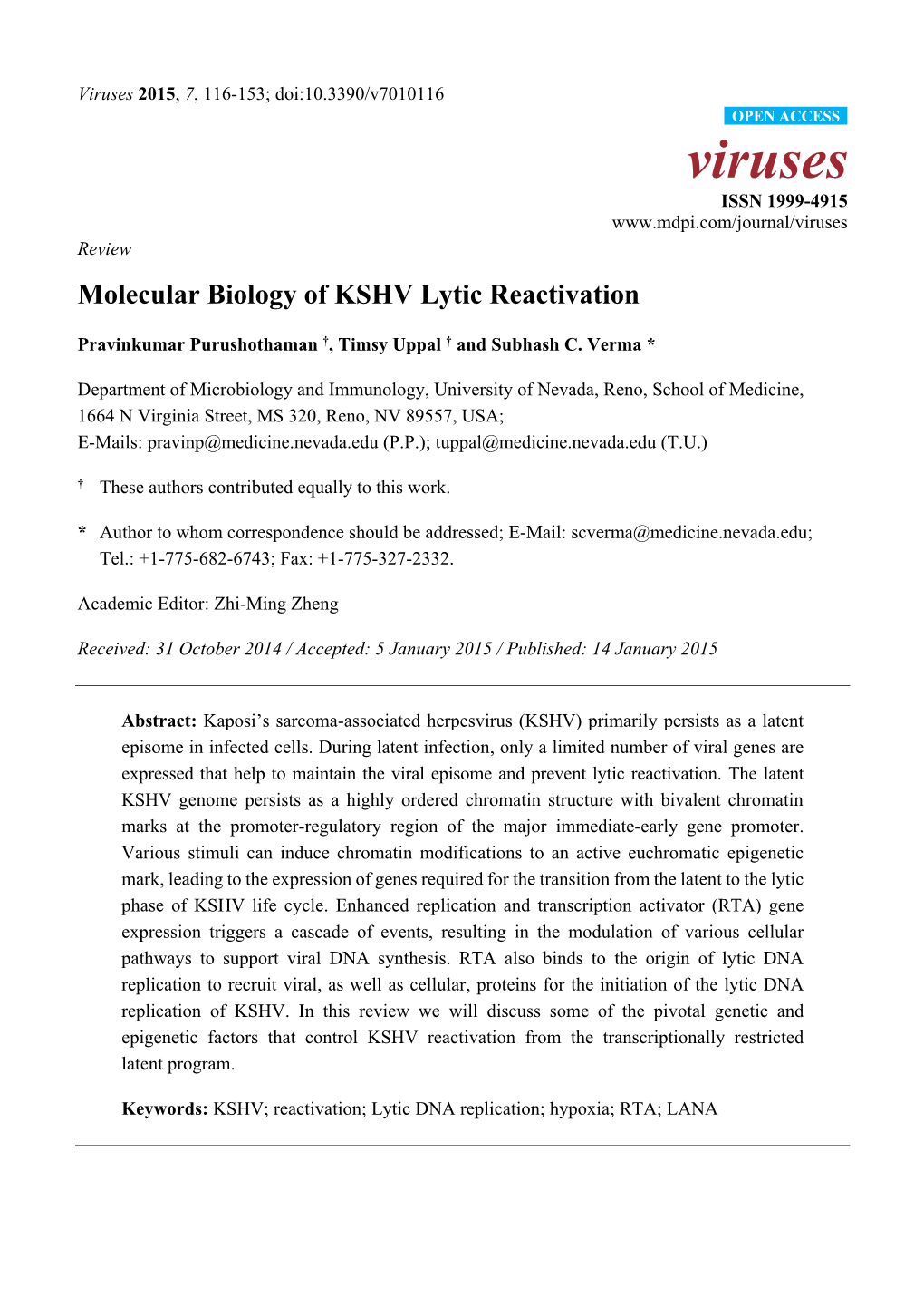 Molecular Biology of KSHV Lytic Reactivation