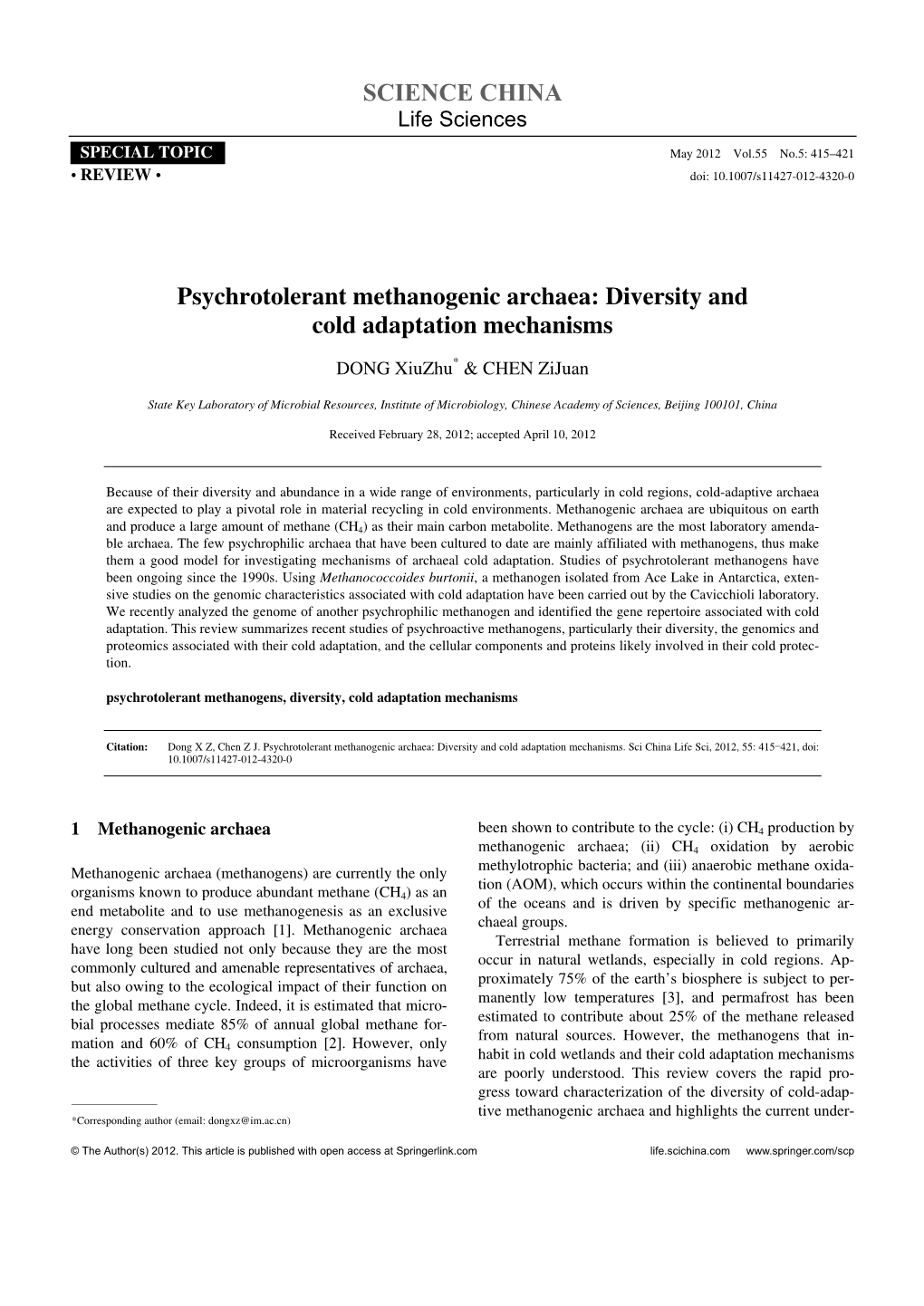 Psychrotolerant Methanogenic Archaea: Diversity and Cold Adaptation Mechanisms