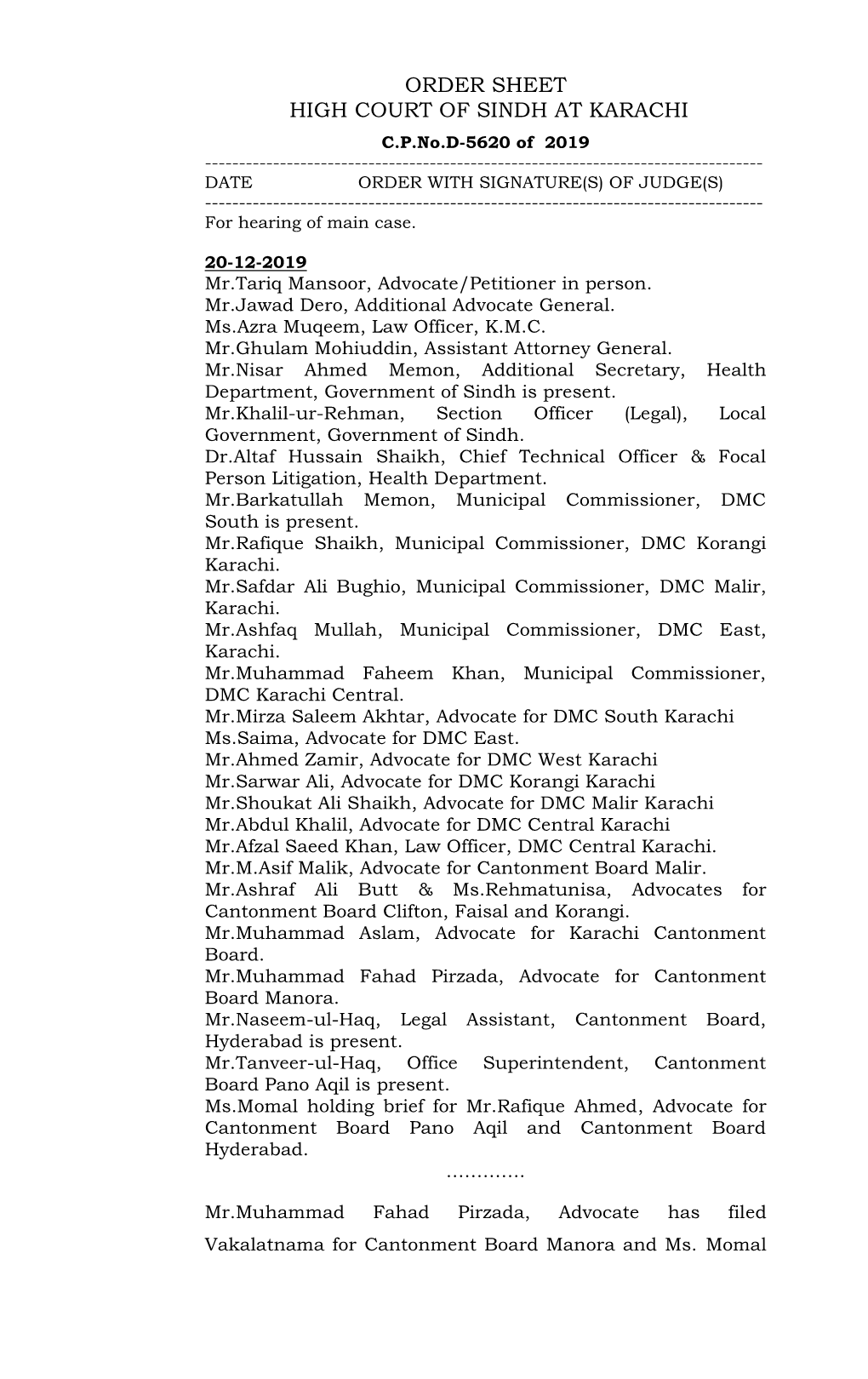 Order Sheet High Court of Sindh at Karachi