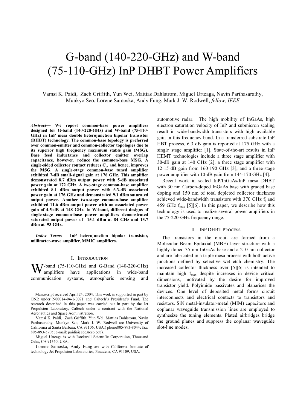 And W-Band (75-110-Ghz) Inp DHBT Power Amplifiers