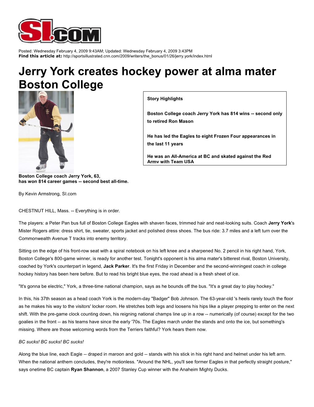 Jerry York Creates Hockey Power at Alma Mater Boston College