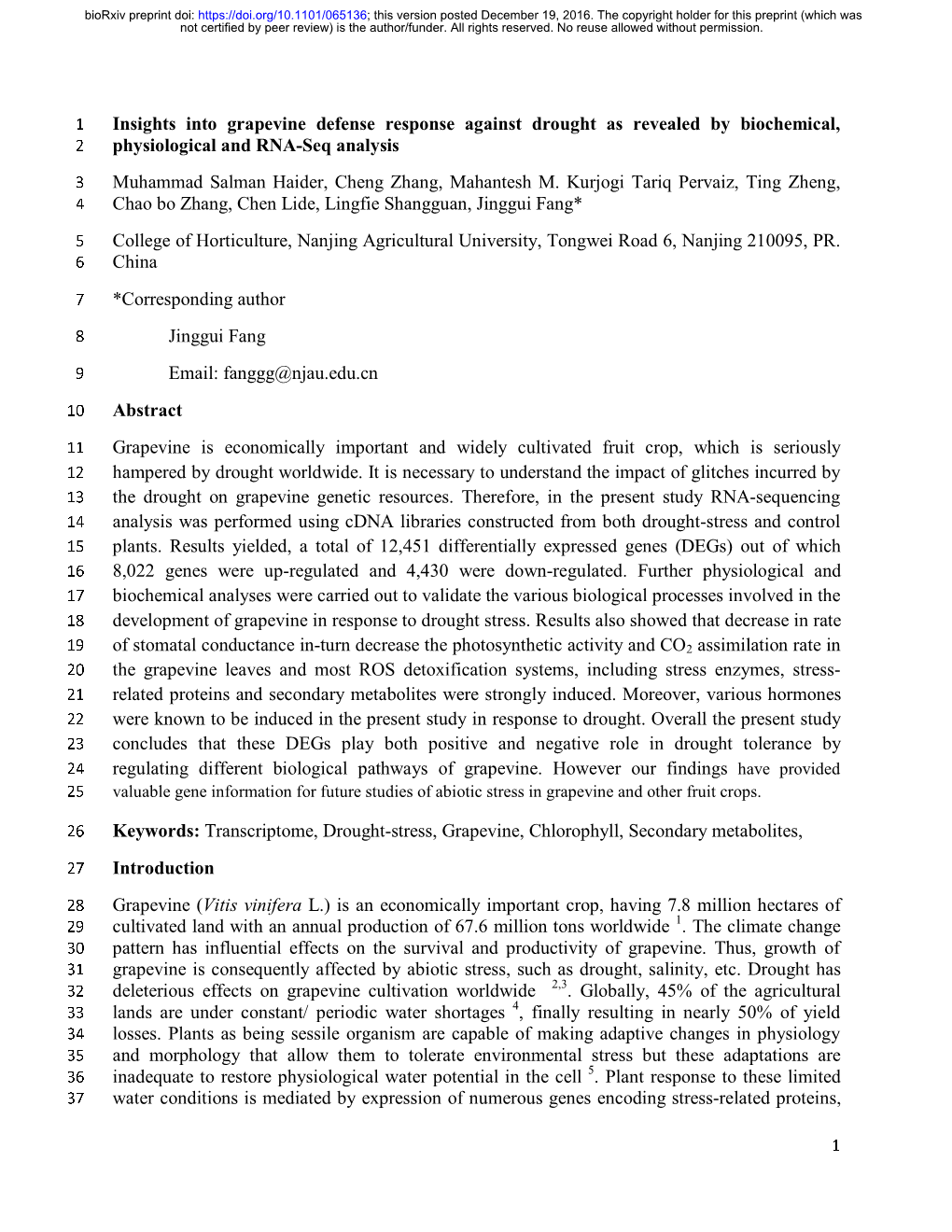 Insights Into Grapevine Defense Response Against Drought As