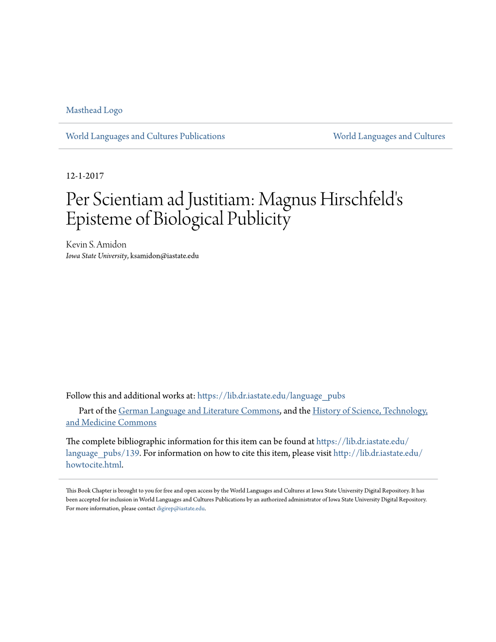 Per Scientiam Ad Justitiam: Magnus Hirschfeld's Episteme of Biological Publicity Kevin S