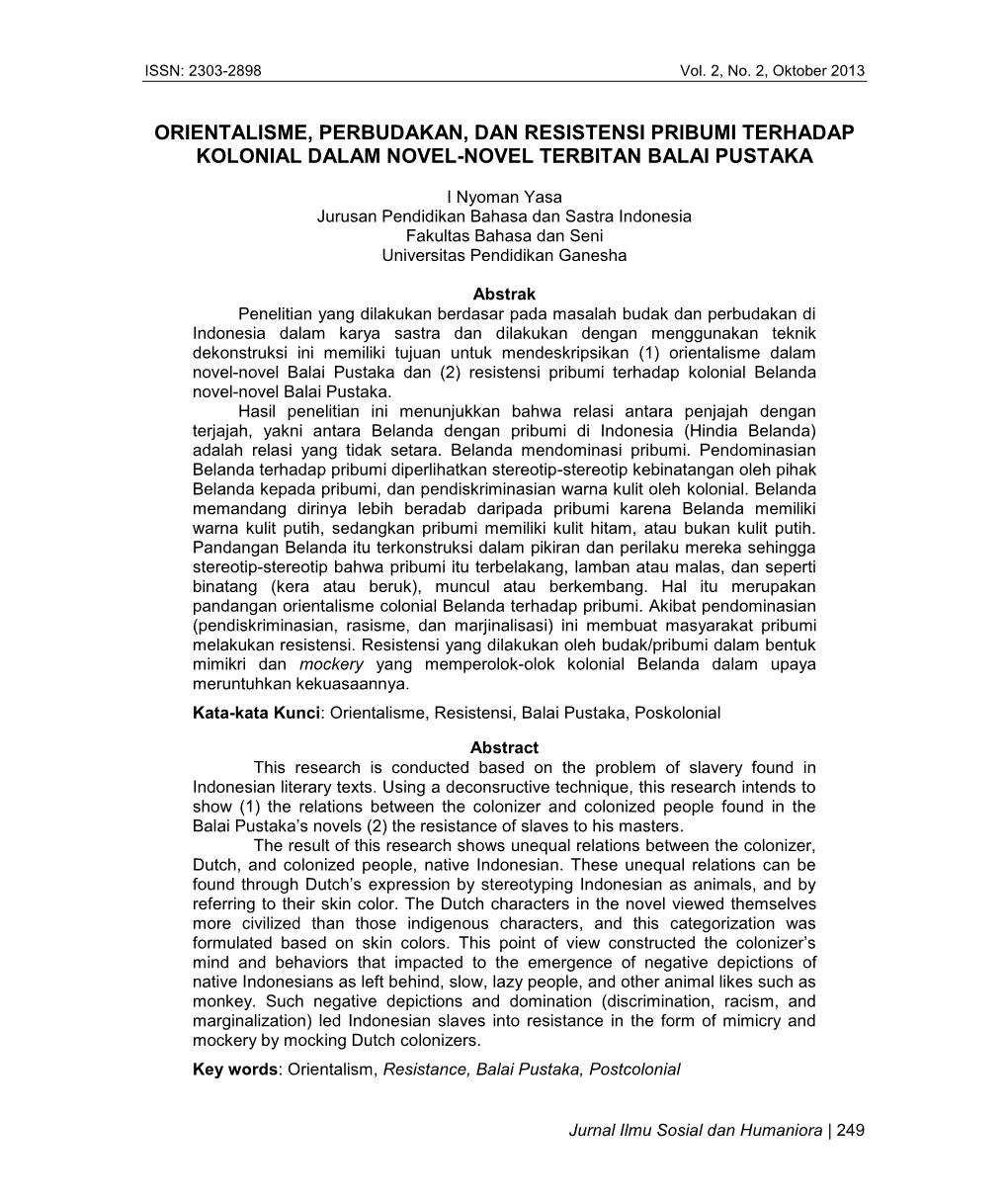 Orientalisme, Perbudakan, Dan Resistensi Pribumi Terhadap Kolonial Dalam Novel-Novel Terbitan Balai Pustaka