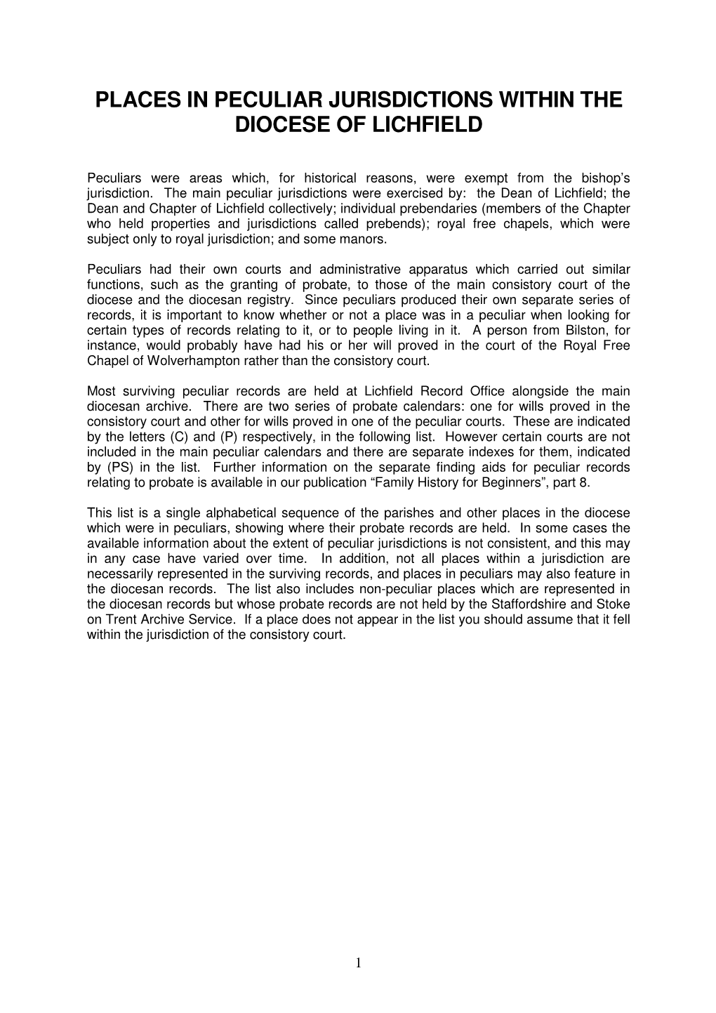 Places in Peculiar Jurisdictions Within the Diocese of Lichfield