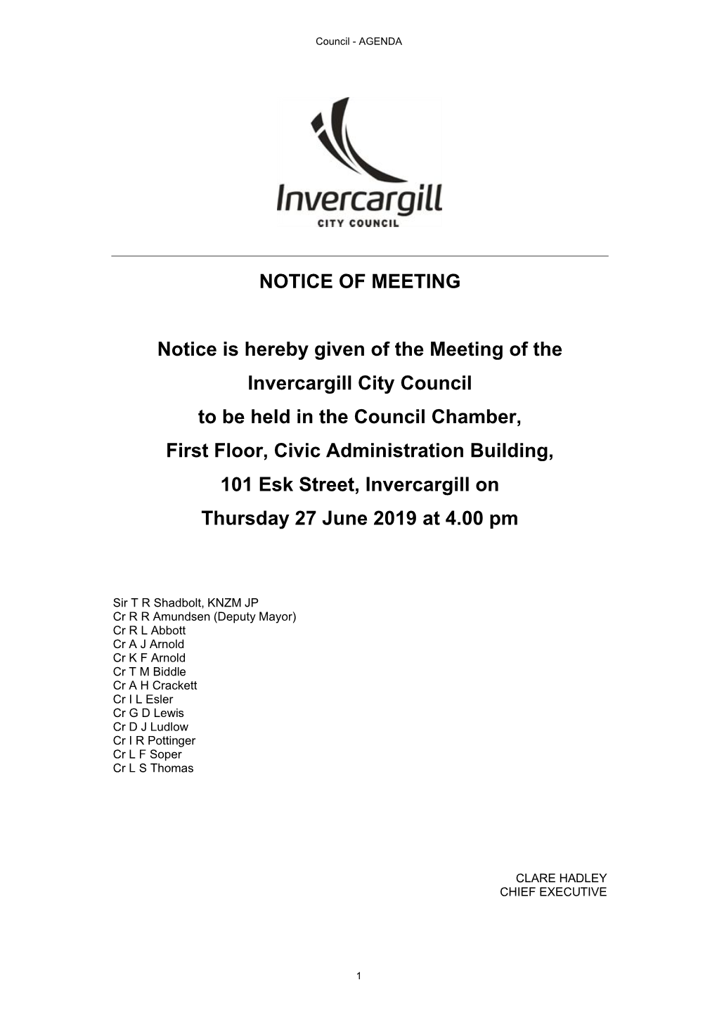 NOTICE of MEETING Notice Is Hereby