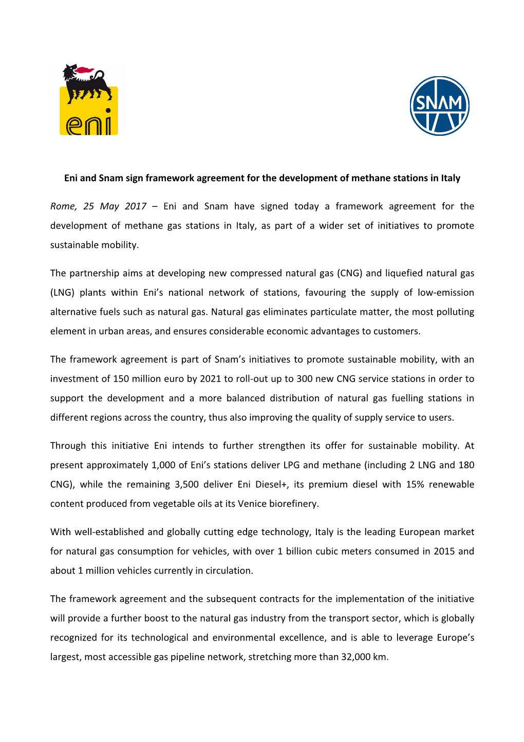 Eni and Snam Sign Framework Agreement for the Development of Methane Stations in Italy