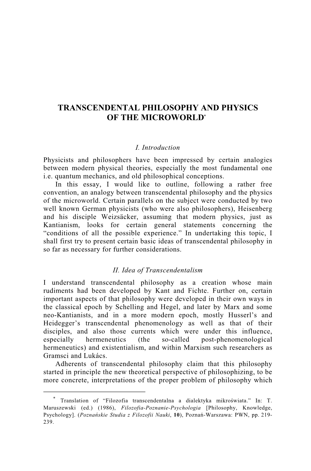 Transcendental Philosophy and Physics of the Microworld∗