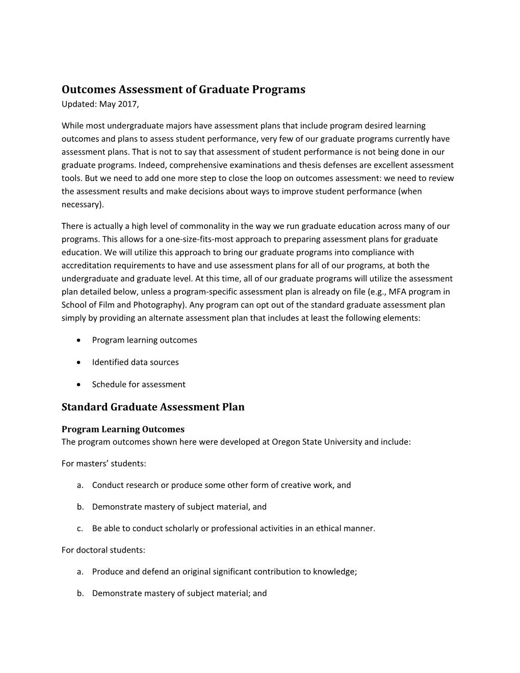 Outcomes Assessment of Graduate Programs