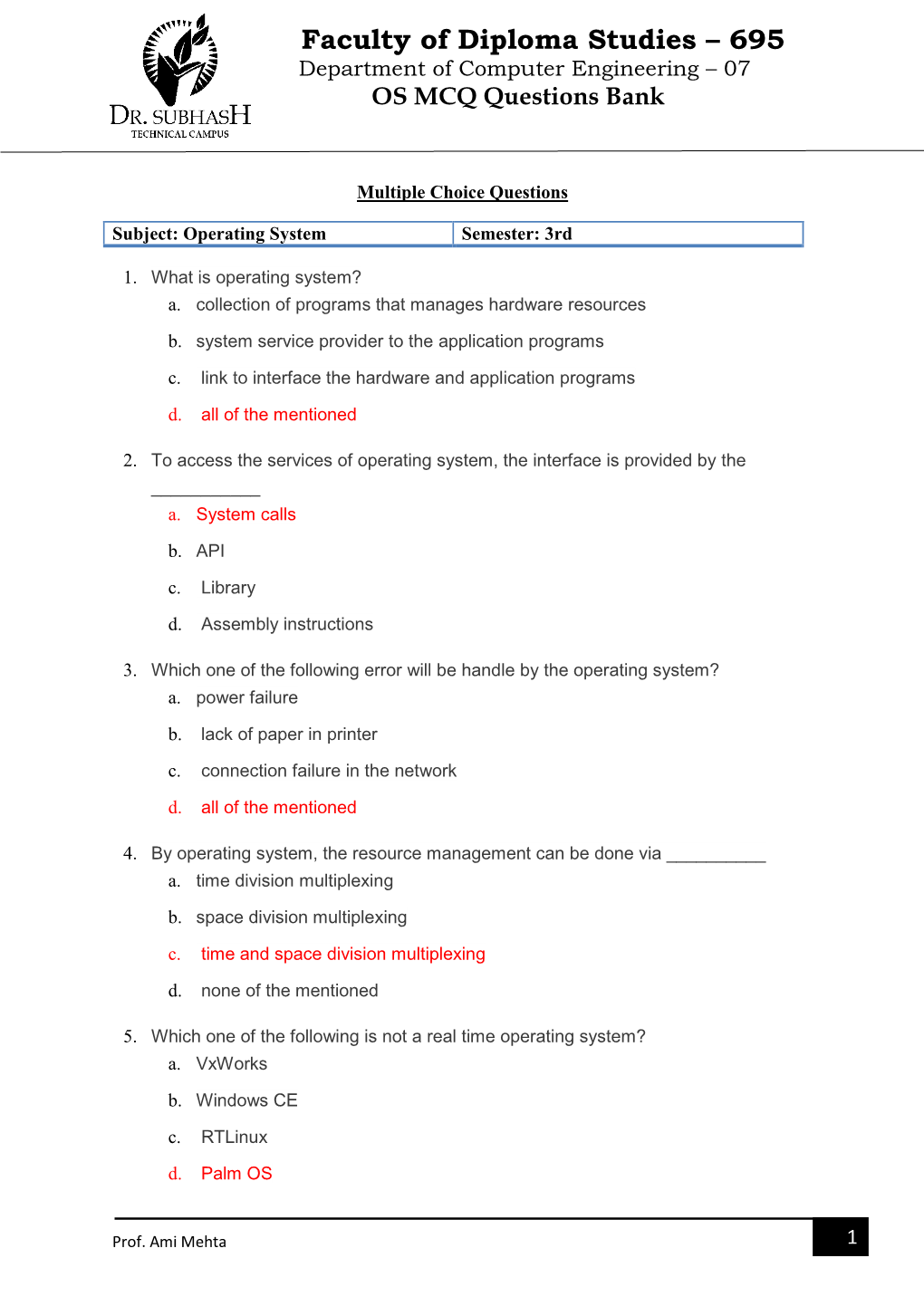 Faculty of Diploma Studies – 695 Department of Computer Engineering – 07 OS MCQ Questions Bank