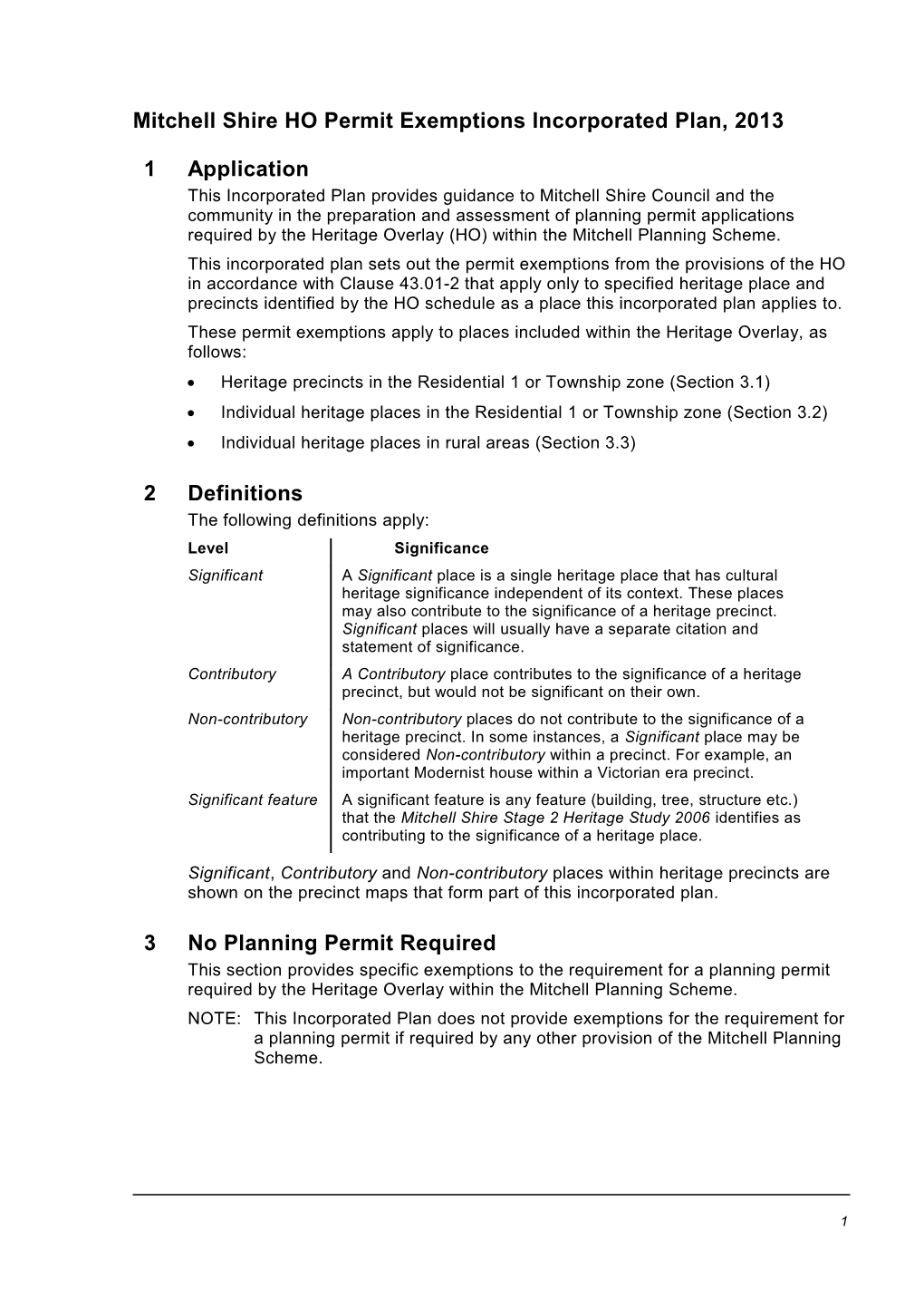 Mitchell Shire HO Permit Exemptions Incorporated Plan, 2013