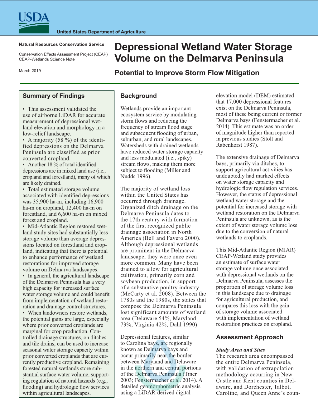 Depressional Wetland Water Storage Volume on the Delmarva Peninsula