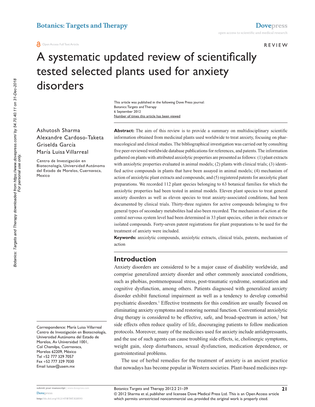 A Systematic Updated Review of Scientifically Tested Selected Plants Used for Anxiety Disorders