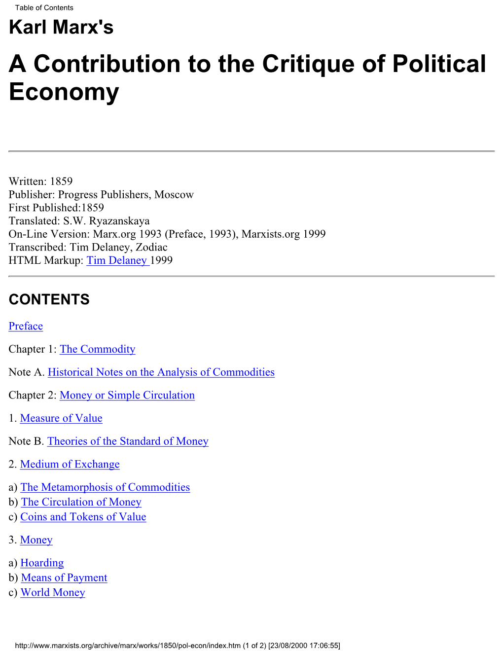 Table of Contents Karl Marx's a Contribution to the Critique of Political Economy