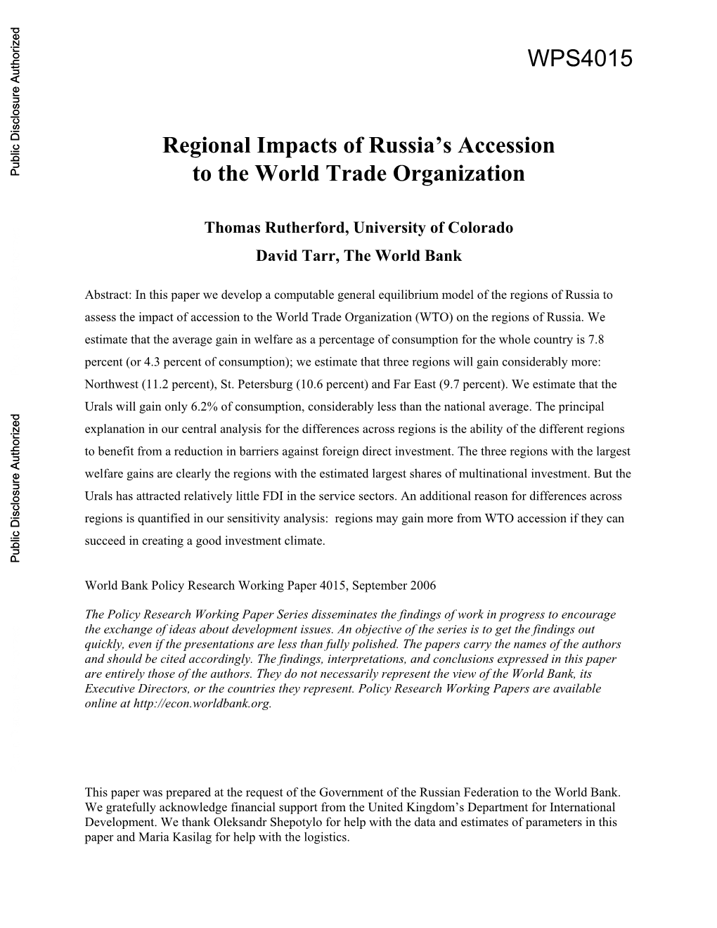 Regional Impacts of Russia's Accession to the World Trade