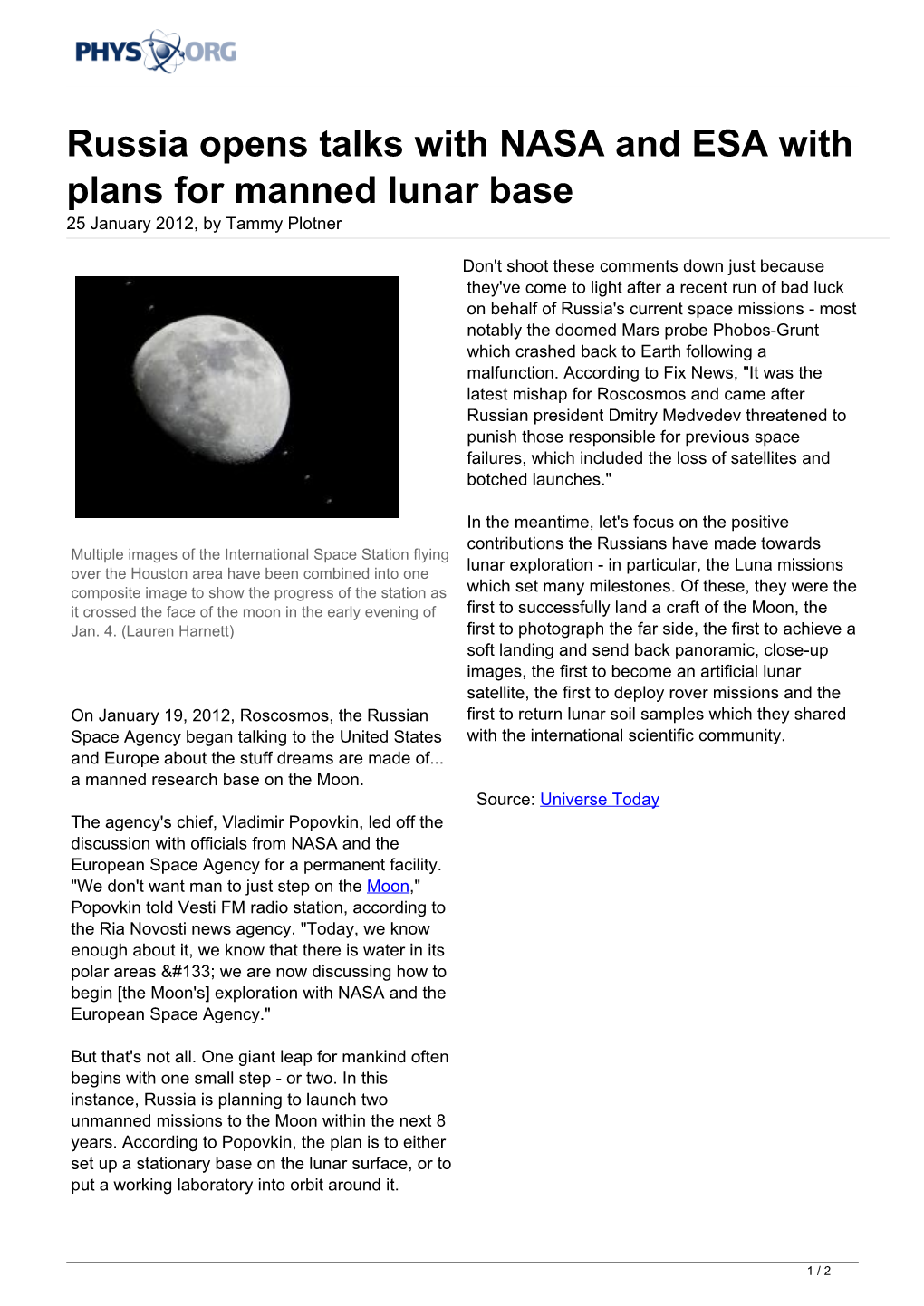 Russia Opens Talks with NASA and ESA with Plans for Manned Lunar Base 25 January 2012, by Tammy Plotner