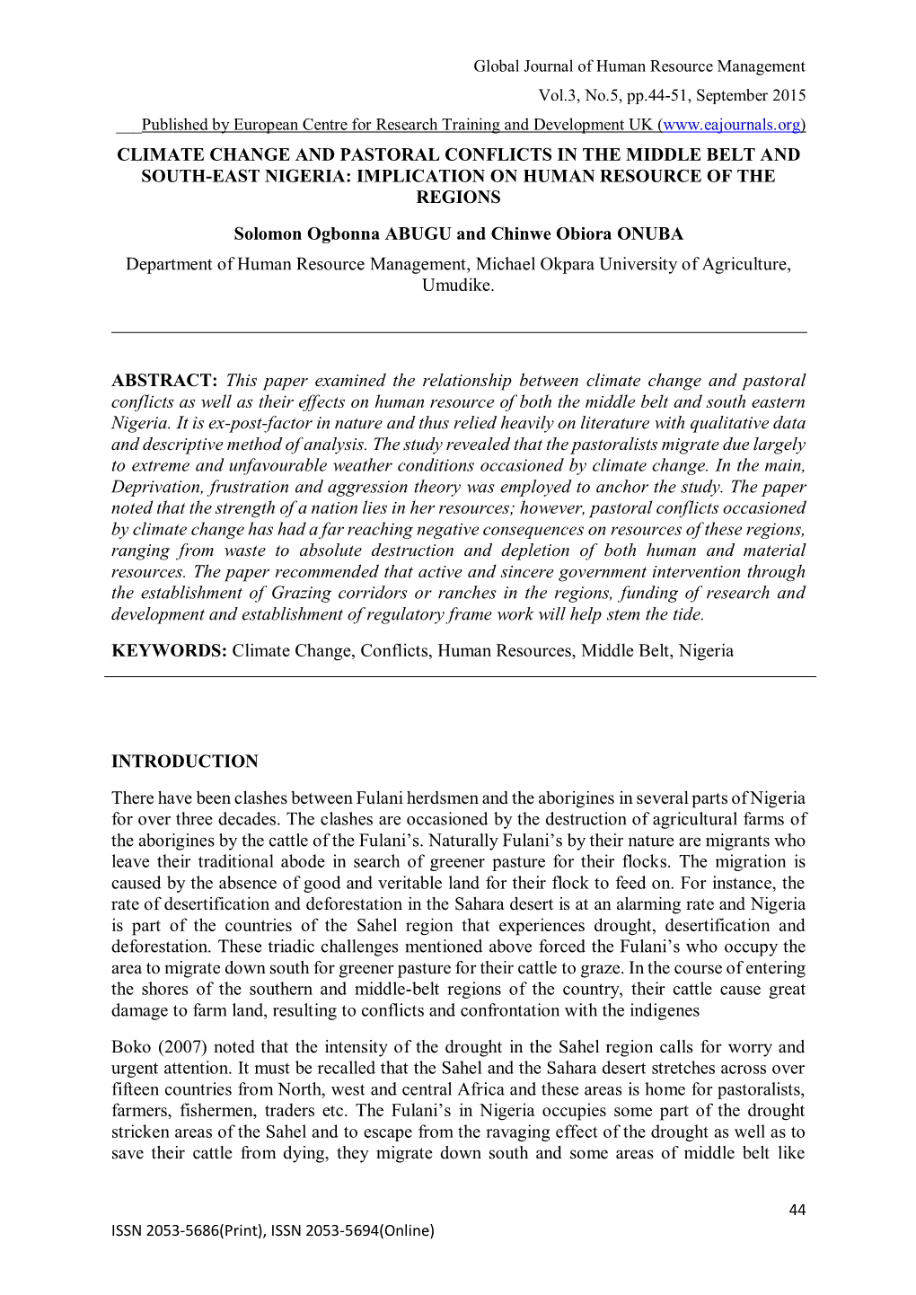 Climate Change and Pastoral Conflicts in the Middle Belt