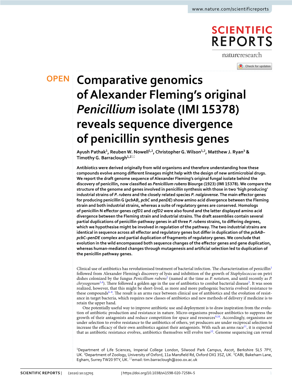 (IMI 15378) Reveals Sequence Divergence of Penicillin Synthesis Genes Ayush Pathak1, Reuben W