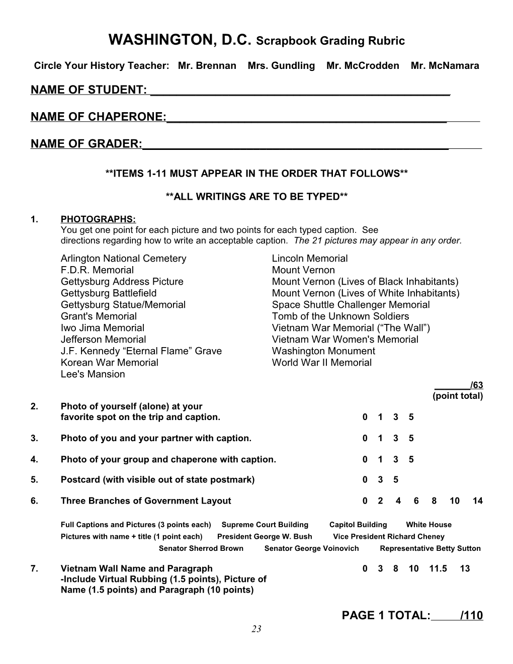 WASHINGTON, D.C. Scrapbook Grading Rubric