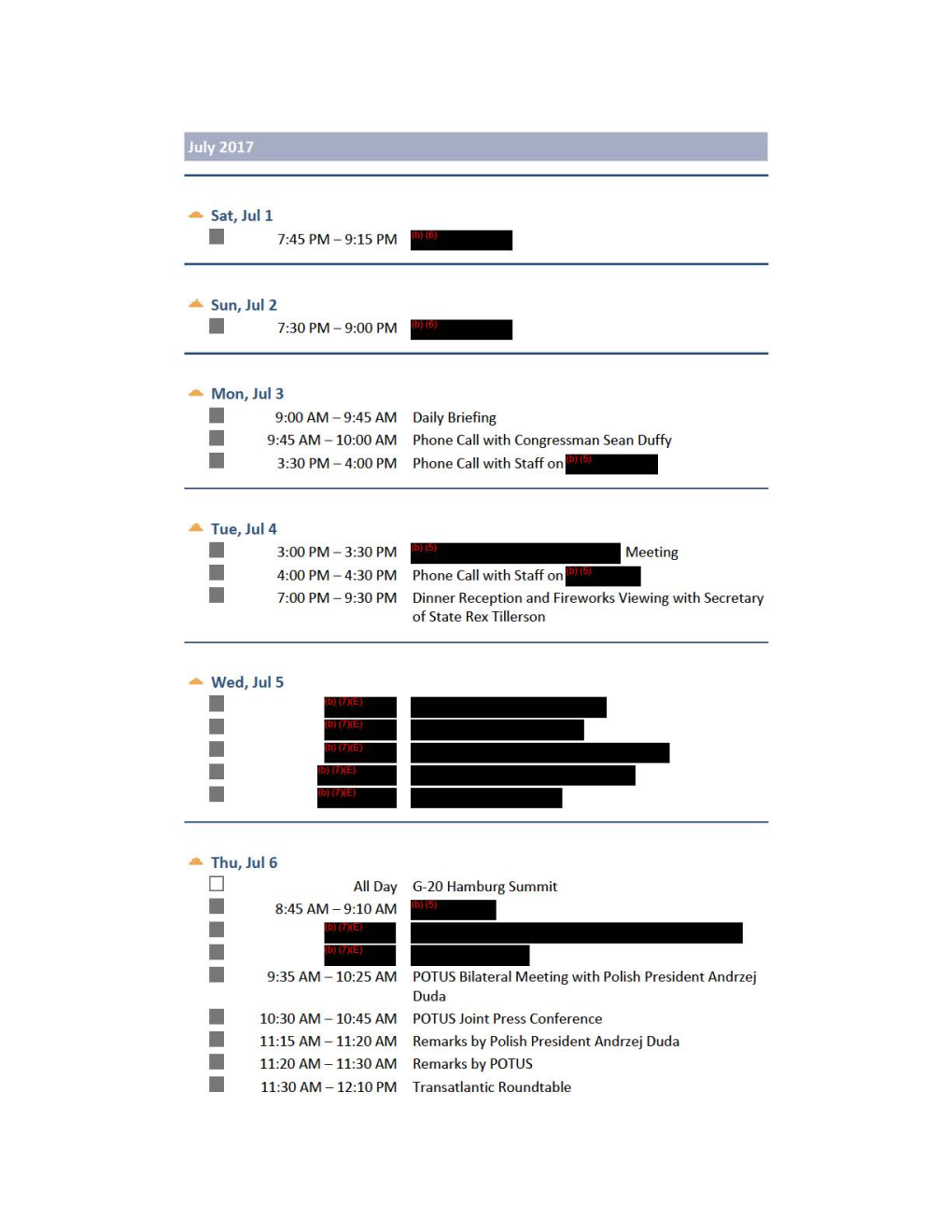 Calendar of Treasury Secretary Mnuchin, July 2017 to September 2017