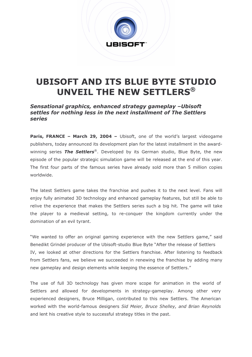 Ubisoft and Its Blue Byte Studio Unveil the New Settlers ®