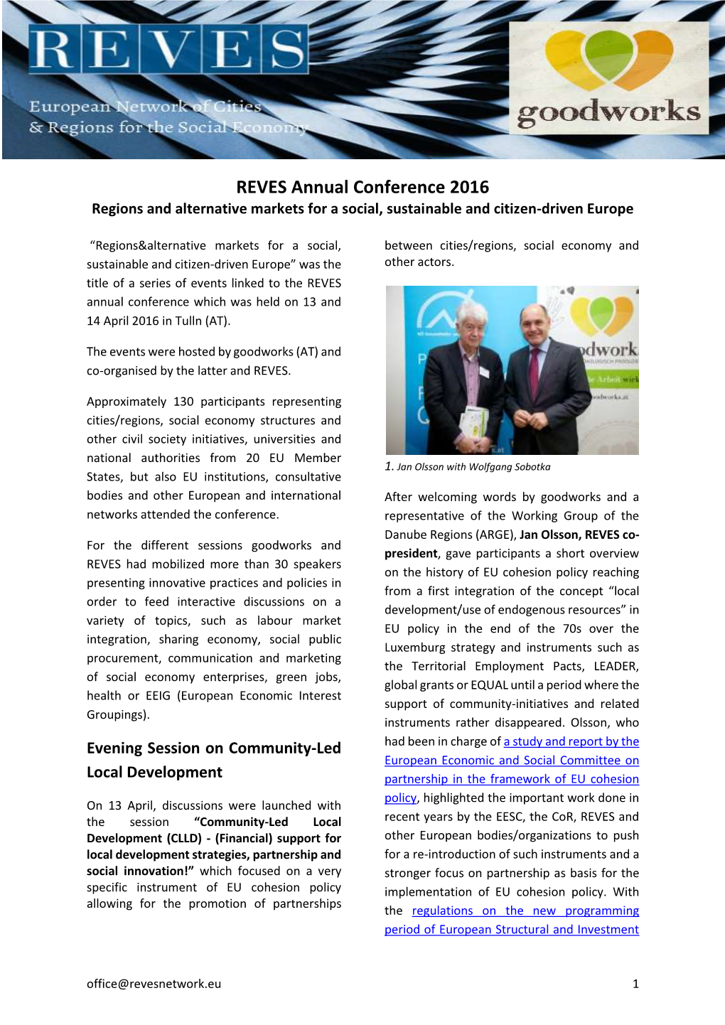 REVES Annual Conference 2016 Regions and Alternative Markets for a Social, Sustainable and Citizen-Driven Europe