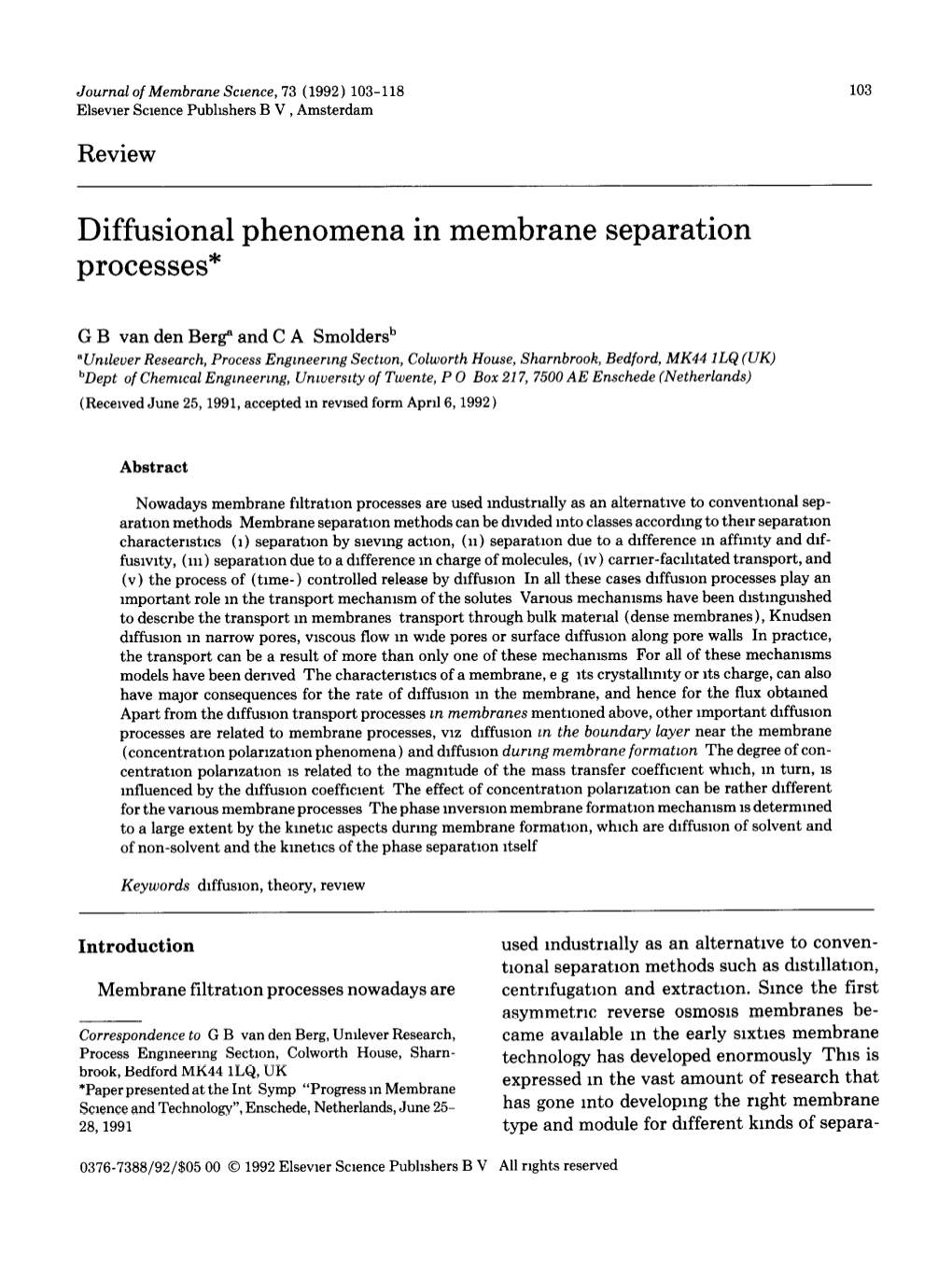 Diffusional Phenomena in Membrane Separation Processes*