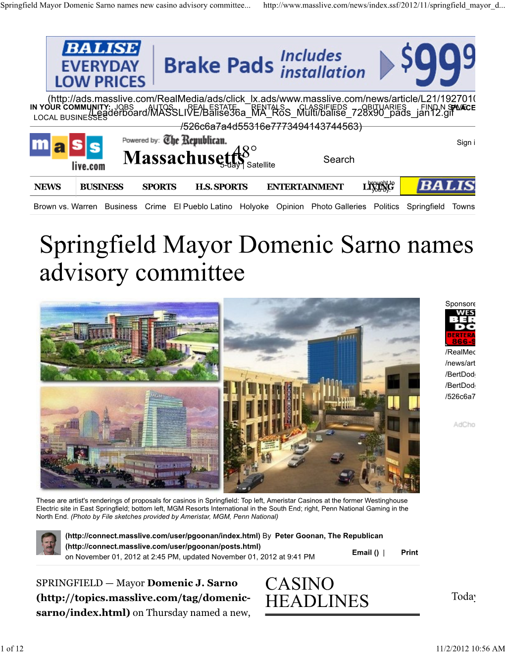 Springfield Mayor Domenic Sarno Names New Casino Advisory Committee