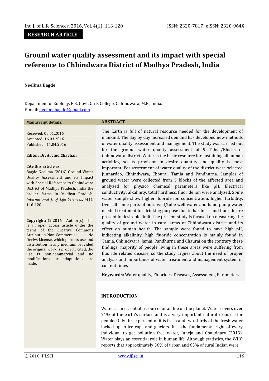 Ground Water Quality Assessment and Its Impact with Special Reference to Chhindwara District of Madhya Pradesh, India