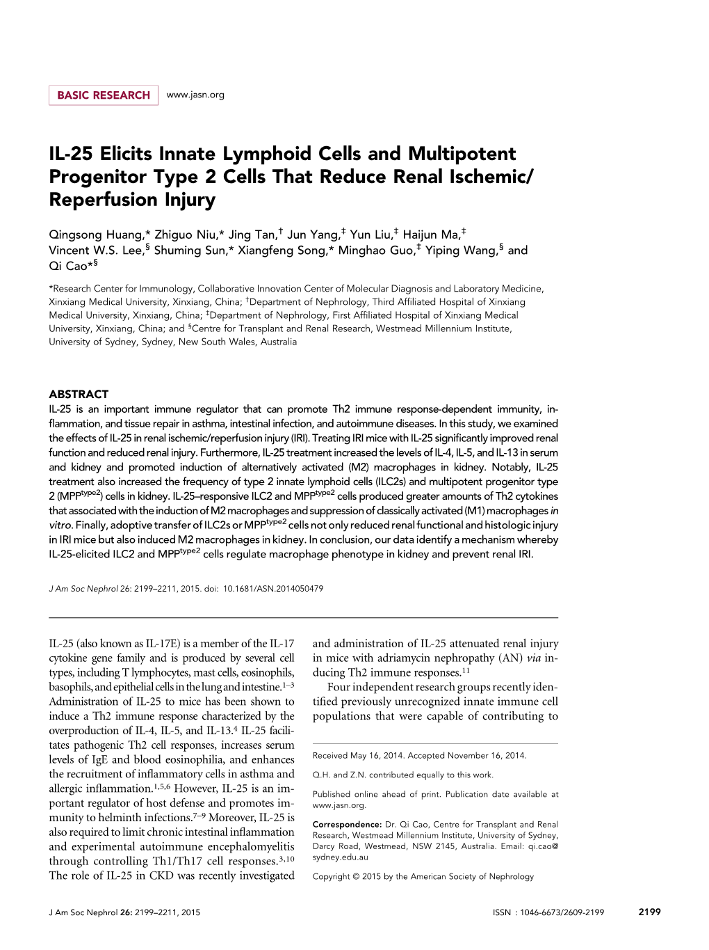 IL-25 Elicits Innate Lymphoid Cells and Multipotent Progenitor Type 2 Cells That Reduce Renal Ischemic/ Reperfusion Injury