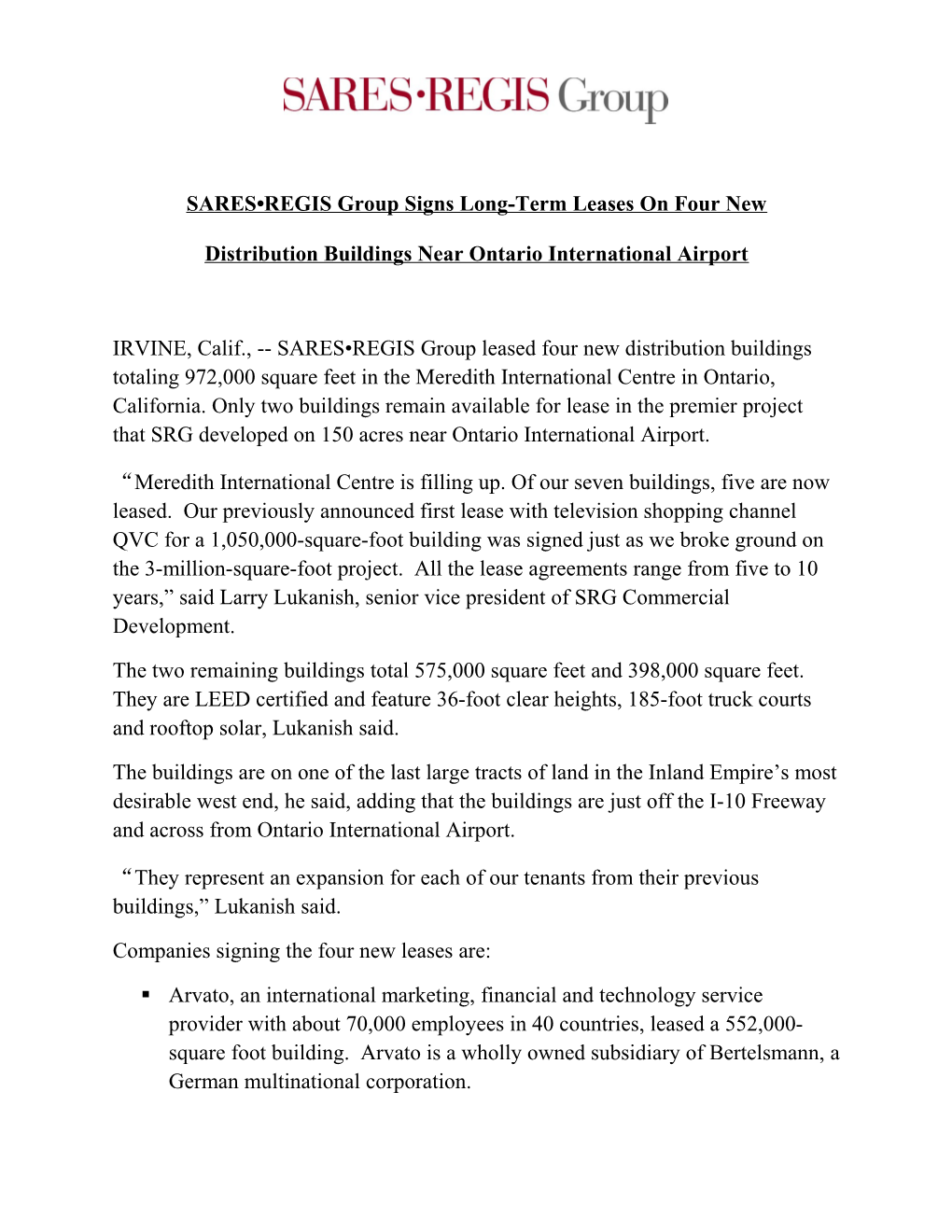 SARES REGIS Group Signs Long-Term Leases on Four New