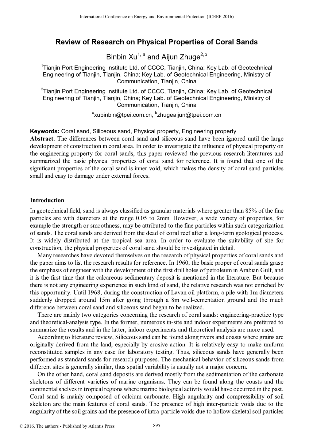 Review of Research on Physical Properties of Coral Sands Binbin