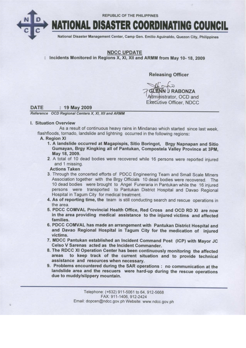 NDCC Update Incident Monitored in Reg. X, XI, XII & ARMM 19May2009