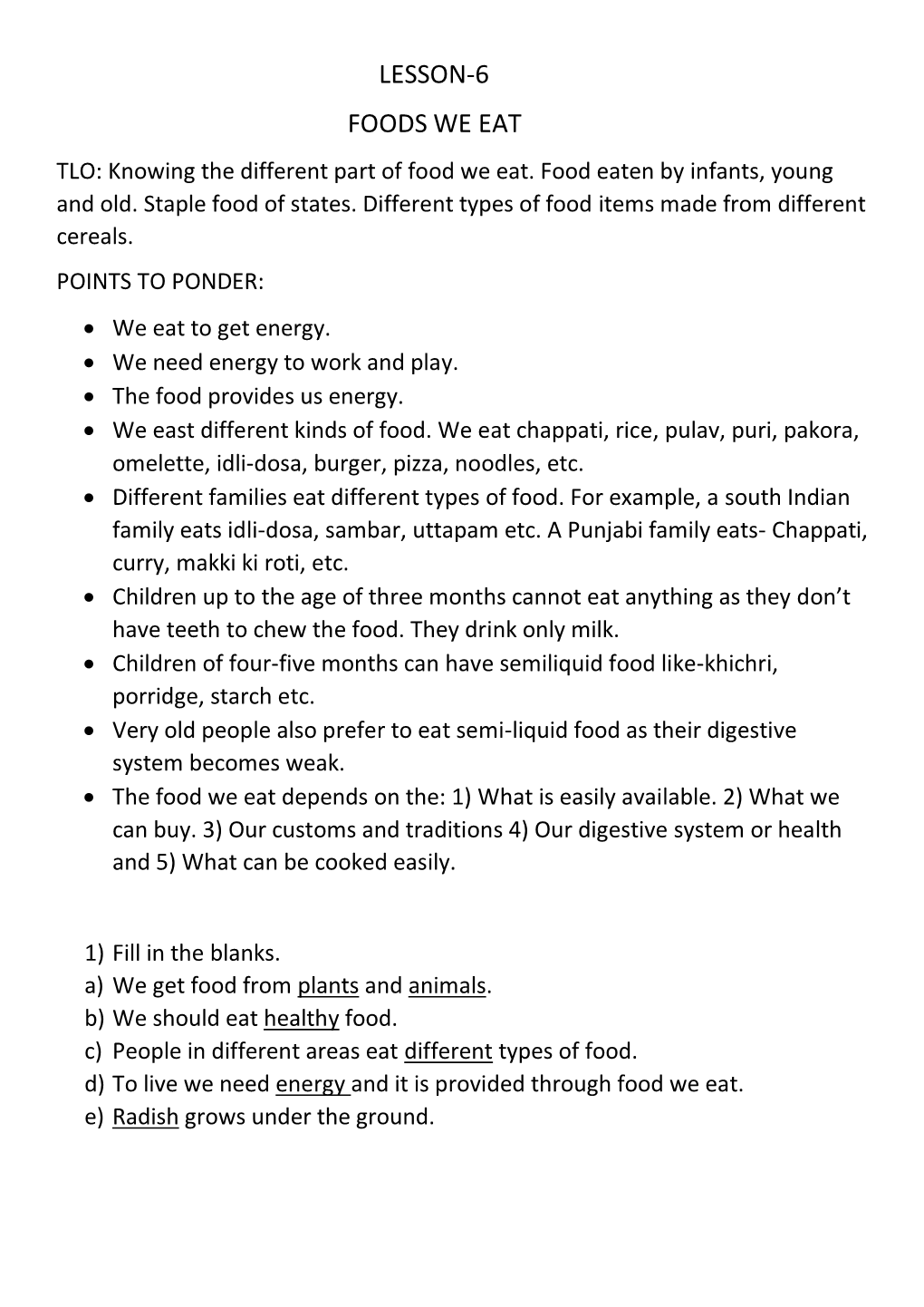 LESSON-6 FOODS WE EAT TLO: Knowing the Different Part of Food We Eat