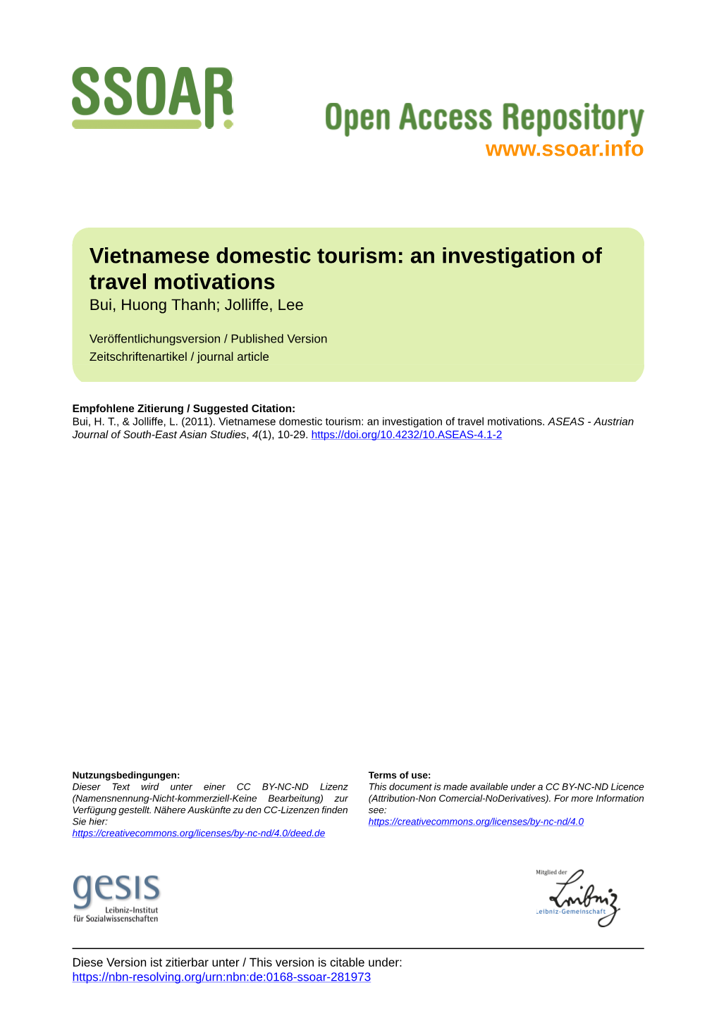 Vietnamese Domestic Tourism: an Investigation of Travel Motivations Bui, Huong Thanh; Jolliffe, Lee