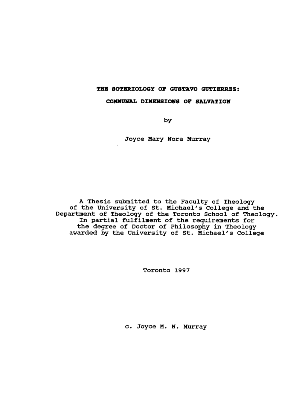 Joyce Mary Nora Murray a Thesis Submitted to the Faculty of Theology