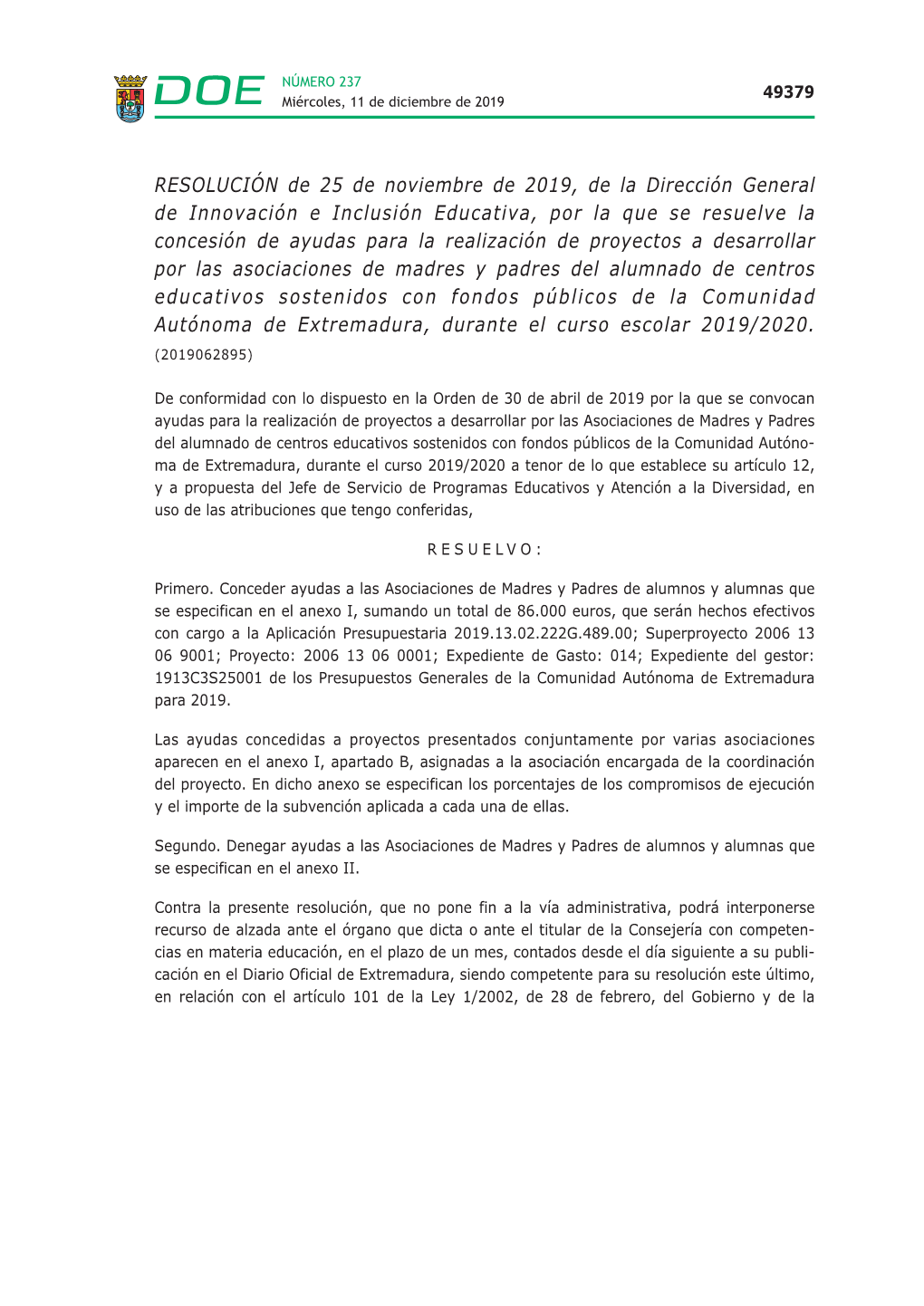 RESOLUCIÓN De 25 De Noviembre De 2019, De La Dirección General De