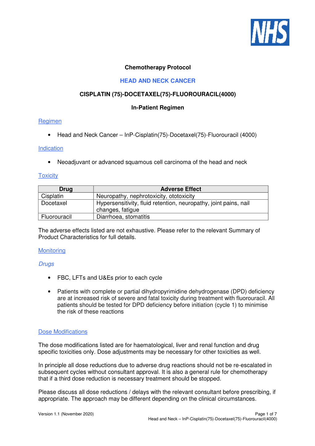 Chemotherapy Protocol HEAD and NECK CANCER CISPLATIN (75)