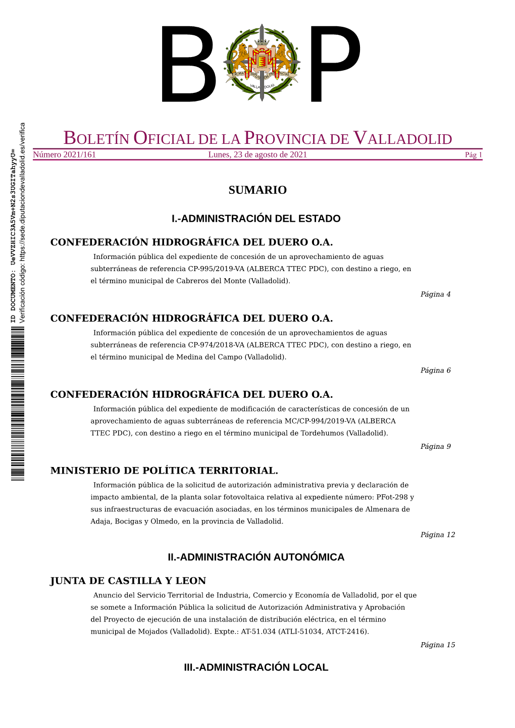 BOLETÍN OFICIAL DE LA PROVINCIA DE VALLADOLID Número 2021/161 Lunes, 23 De Agosto De 2021 Pág 1