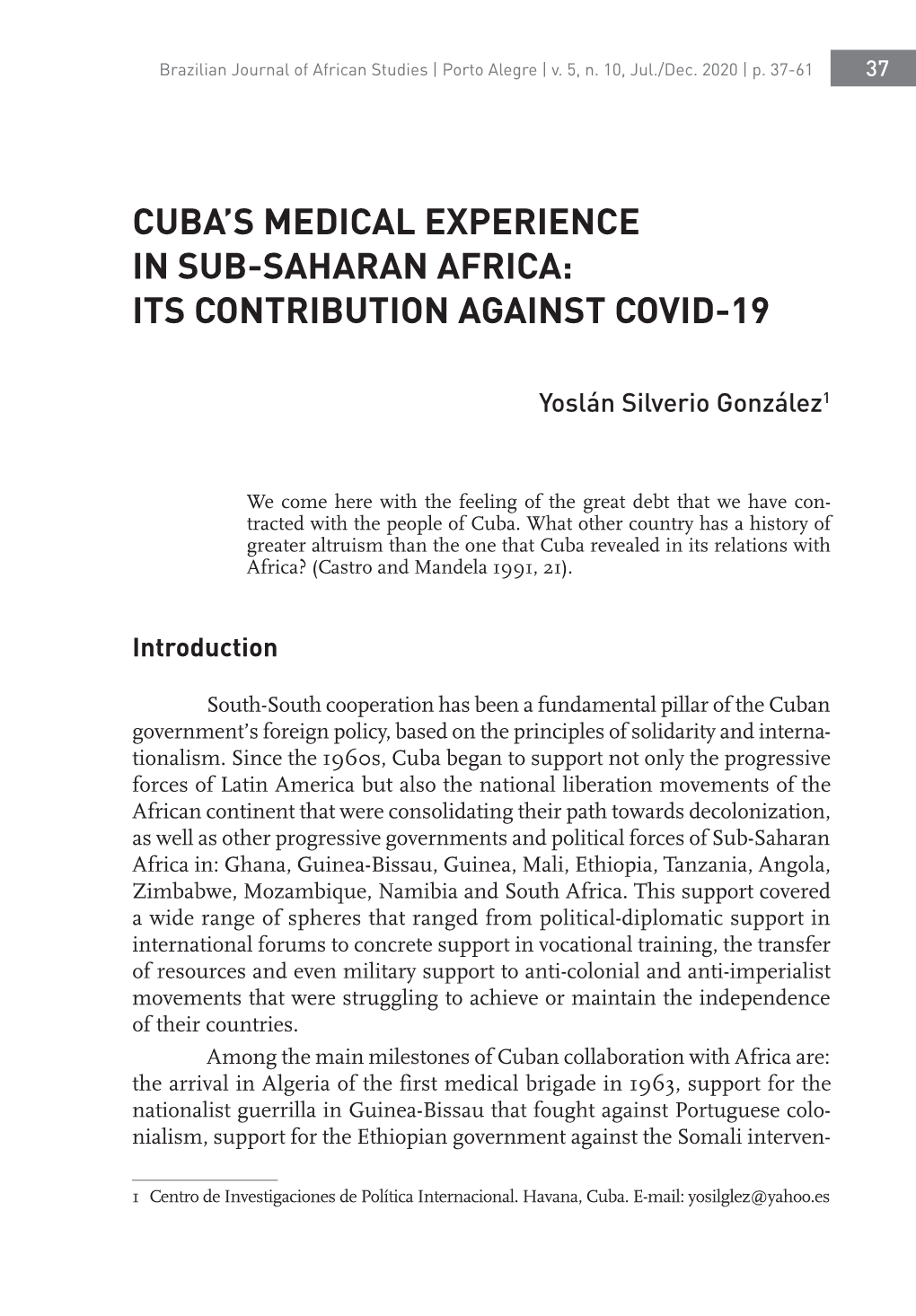 Cuba's Medical Experience in Sub-Saharan Africa: Its Contribution Against Covid-19