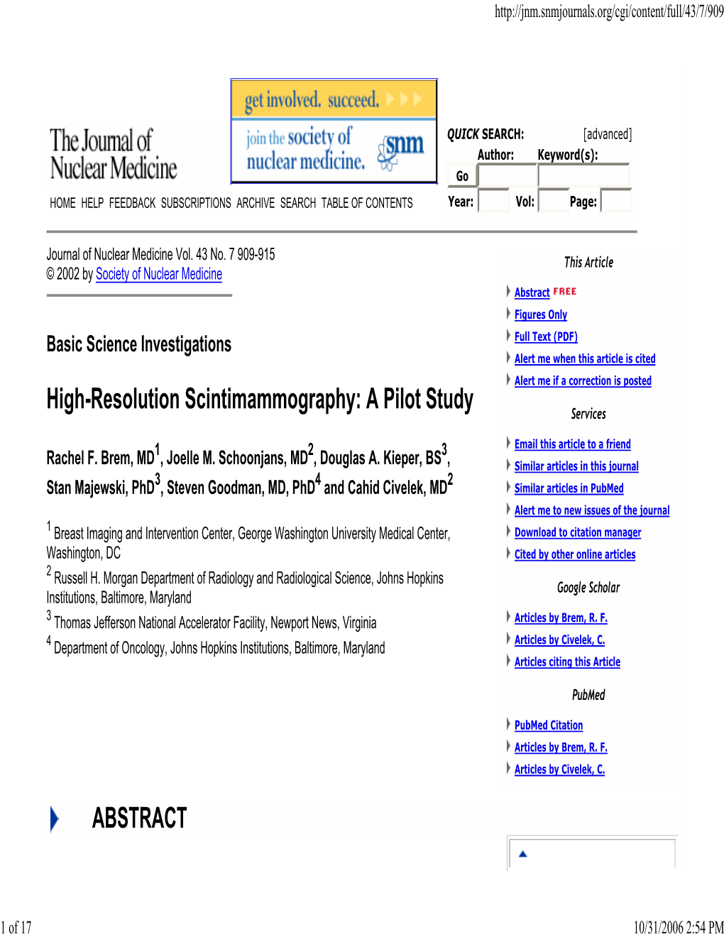 High-Resolution Scintimammography: a Pilot Study -- Brem Et A