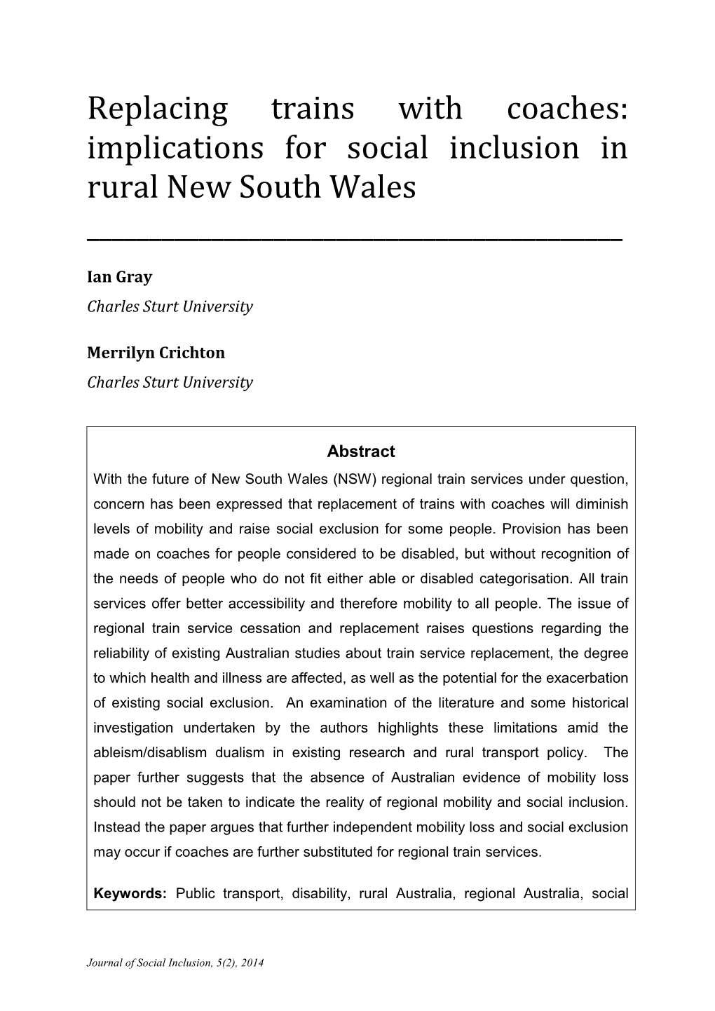 Replacing Trains with Coaches: Implications for Social Inclusion in Rural New South Wales ______